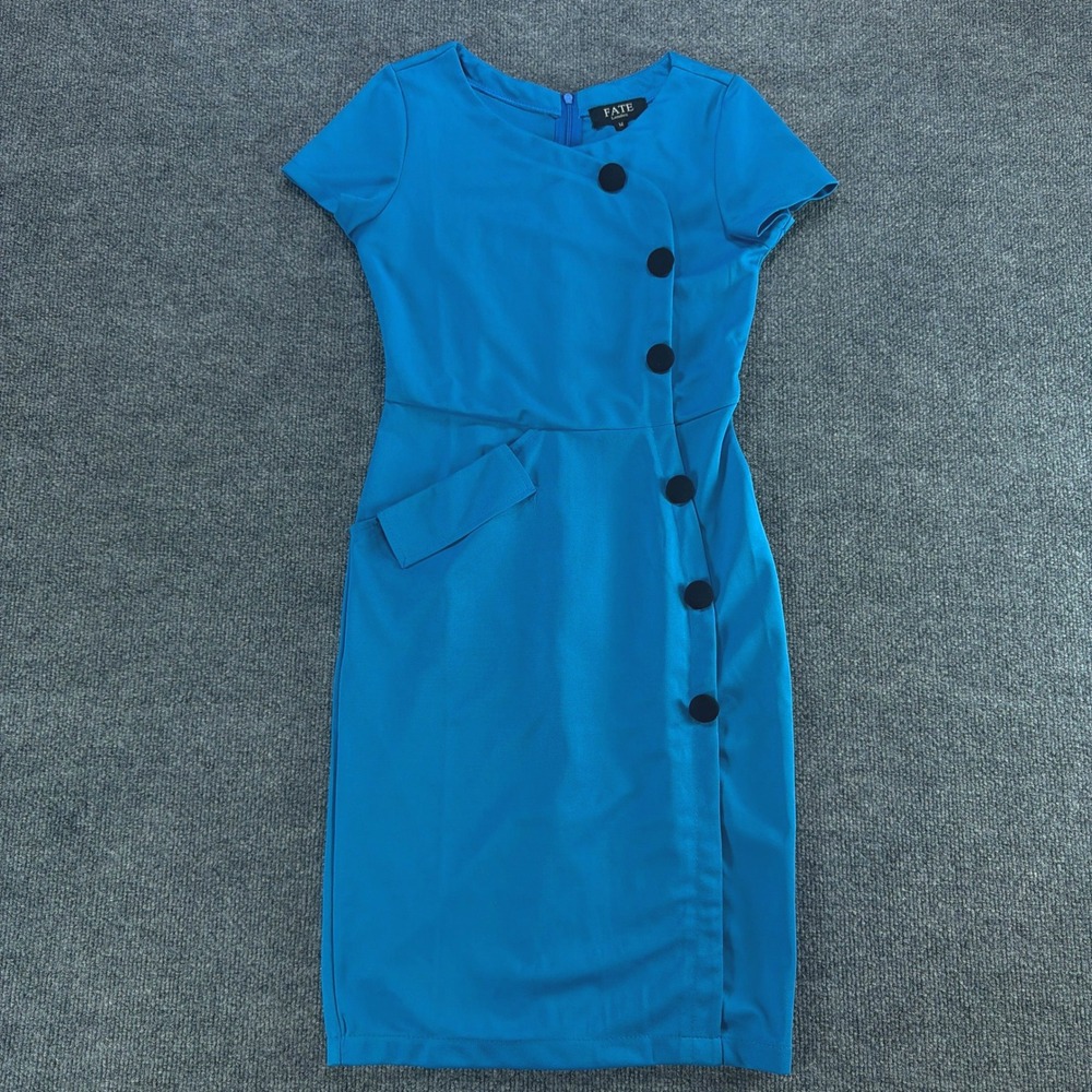 Fate London Womens Blue Asymmetrical Button Front Sheath Dress Short Sleeve Sz M
